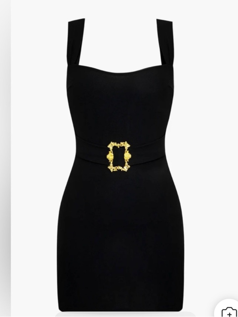 Black Square Neck Mini Dress with Decorative Buckle